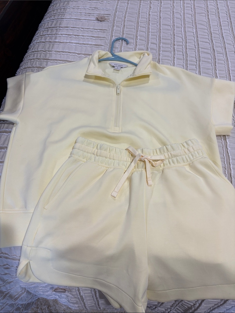Women’s light yellow Short Sleeve Zip Pullover & Drawstring Shorts Set